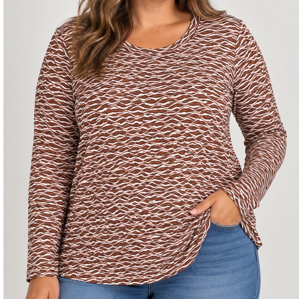 Ava & Viv NWT Brown White Wavy Print Long Sleeve Top 1X Plus Size